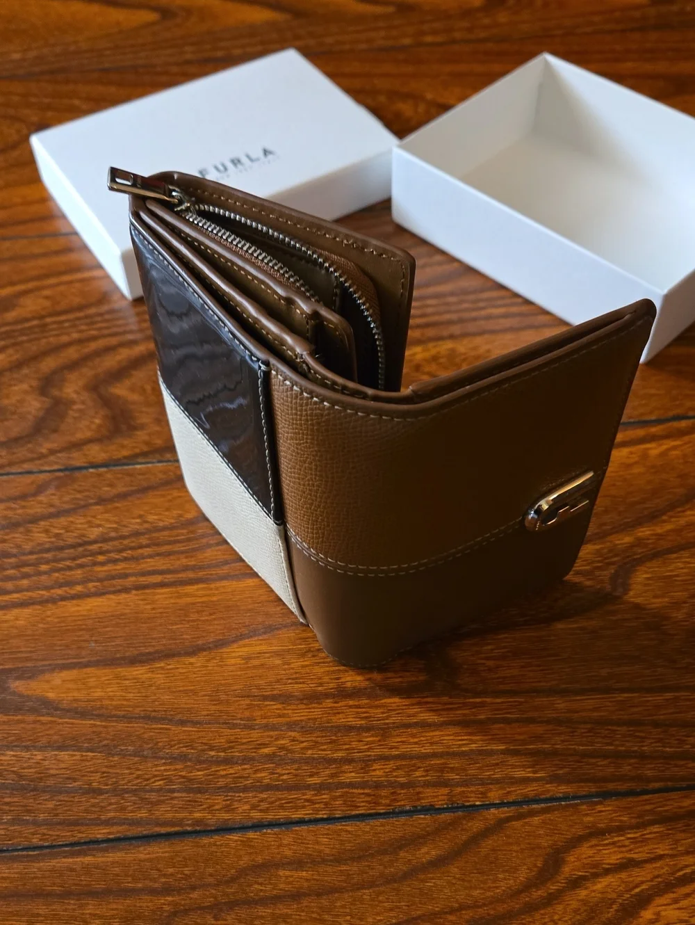 Furla Brown Tricolor Leather Card Holder with Silver Hardware